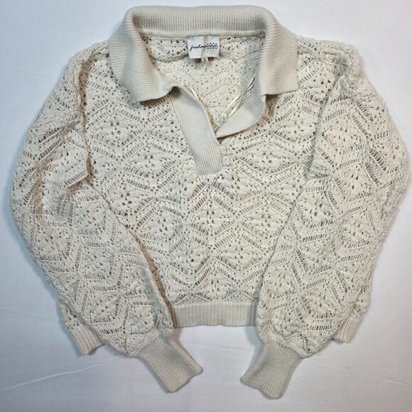Freshman 1996 Crochet Polo Sweater L Open Knit Grannycore Cottage Boho Neutral - Picture 2 of 9